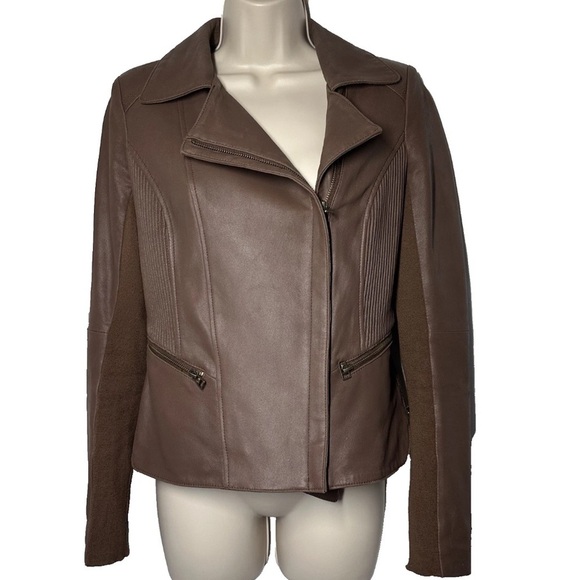 My Tribe Jackets & Blazers - My Tribe Leather Moto Jacket Brown Full Zip Asymmetric Hem Biker Rocker XS Y2K